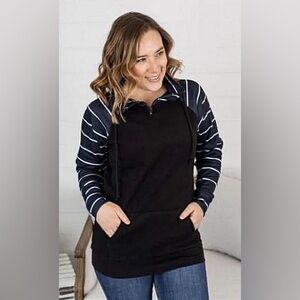 NWT Michelle Mae ShortZip Black Pullover with White Stripes size S